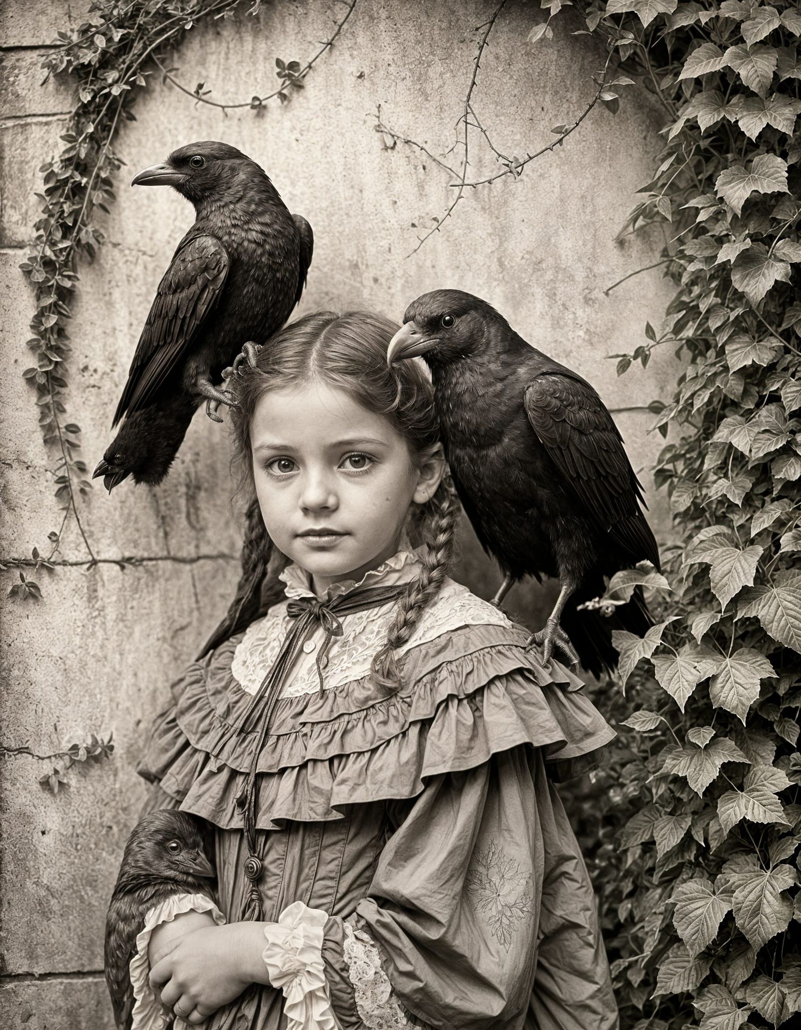 Victorian Child with Crow: Sepia Charcoal Drawing