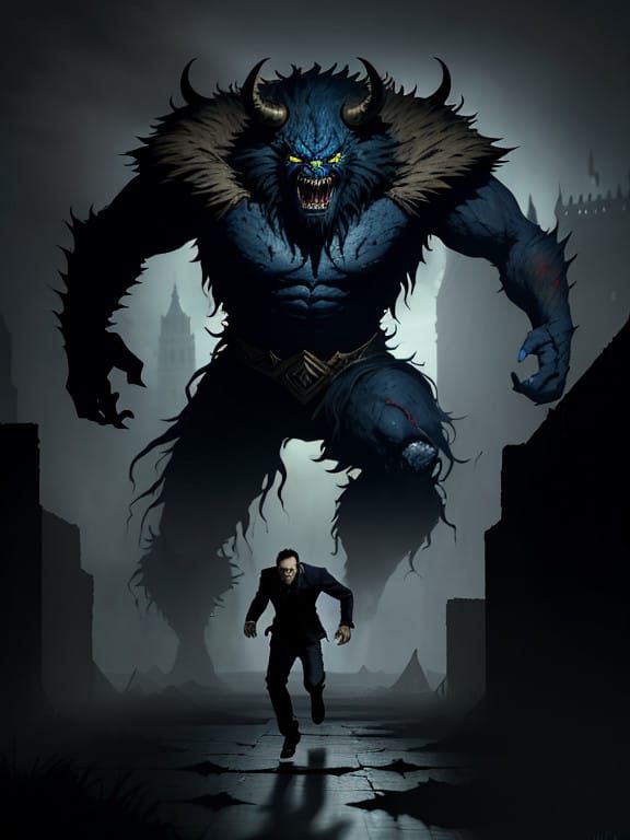 Screaming Man Overrun by Terrifying Moonlit Beasts