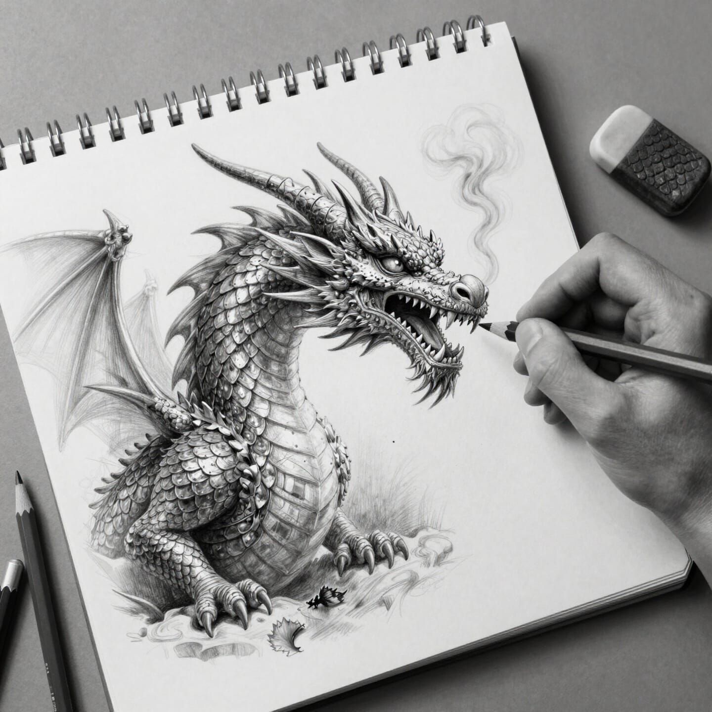Majestic Dragon Emerges from Sketchbook in Graphite Style