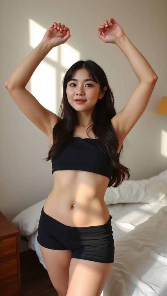 Playful Korean Woman Stretching in Sunlit Bedroom