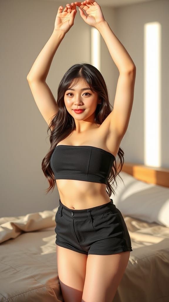 Playful Woman Stretching in Softly Lit Bedroom