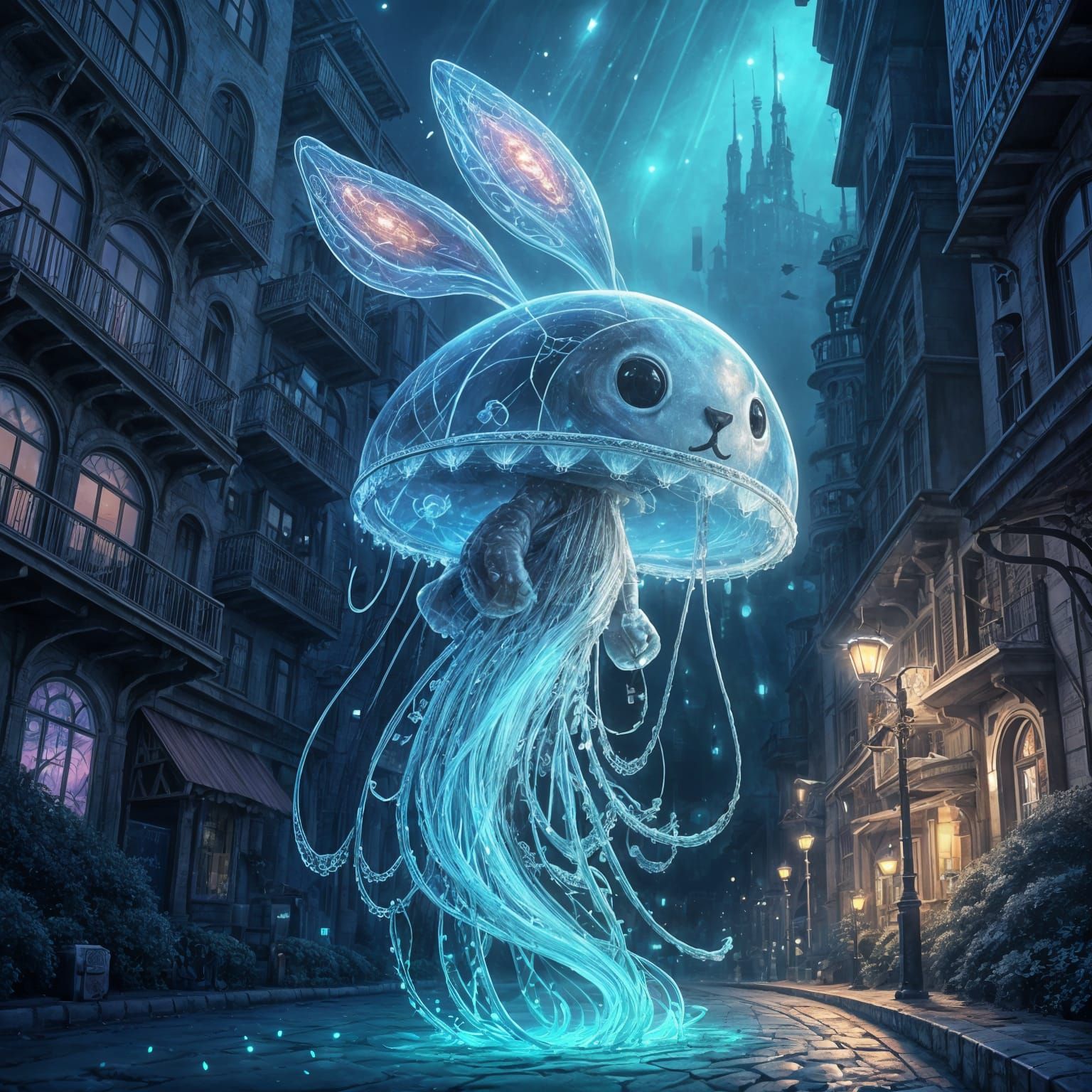Gothic Punk Jellyfish Bunny with Electric Blue Tentacles