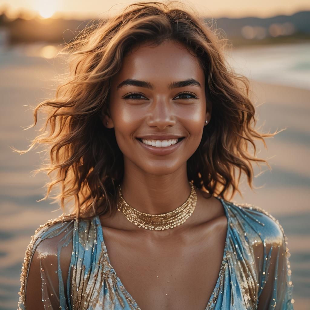 Beach Sunset Portrait of Smiling Supermodel in Soft Light