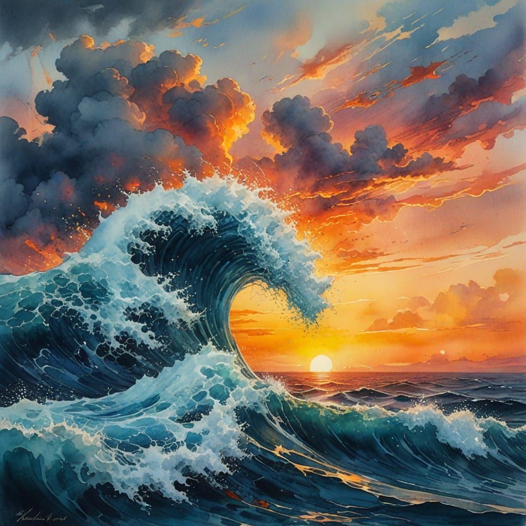 Waves and Stormclouds: Double Exposure Watercolor Art