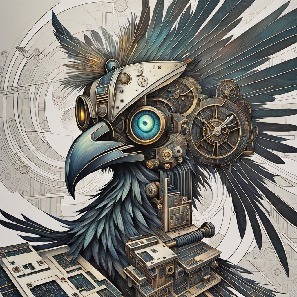Steampunk Crow on Circuit Board Plane in Cubist Style