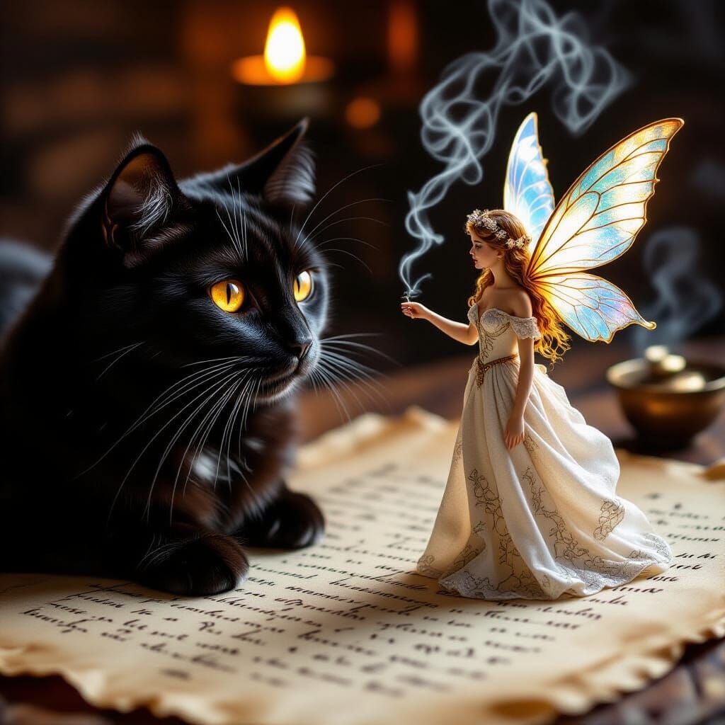 Black Cat and Fairy in Hyperrealistic Detail