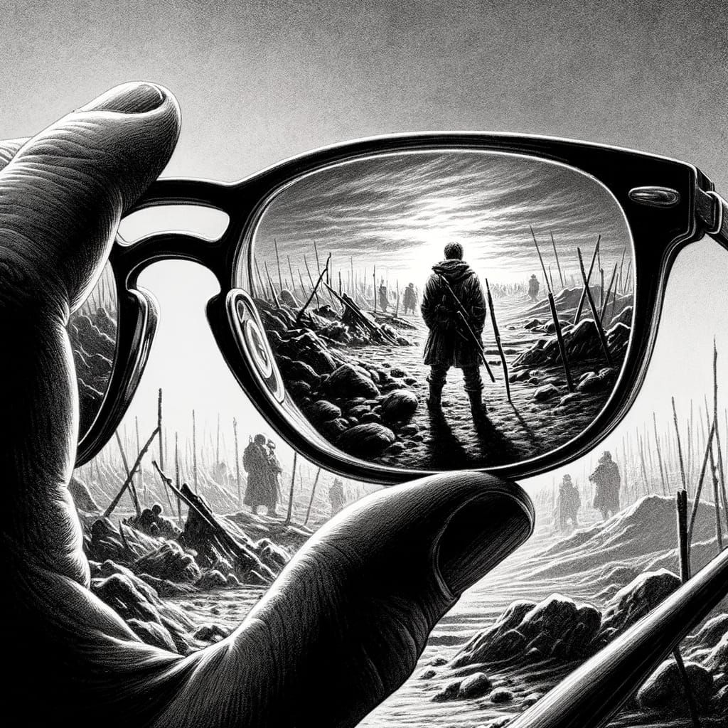 Eyeglasses Reflecting Desolate Landscape in Etching Style