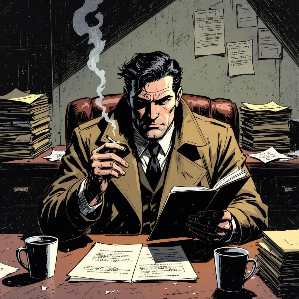 Noir Detective Office Scene in Gritty Comic Style