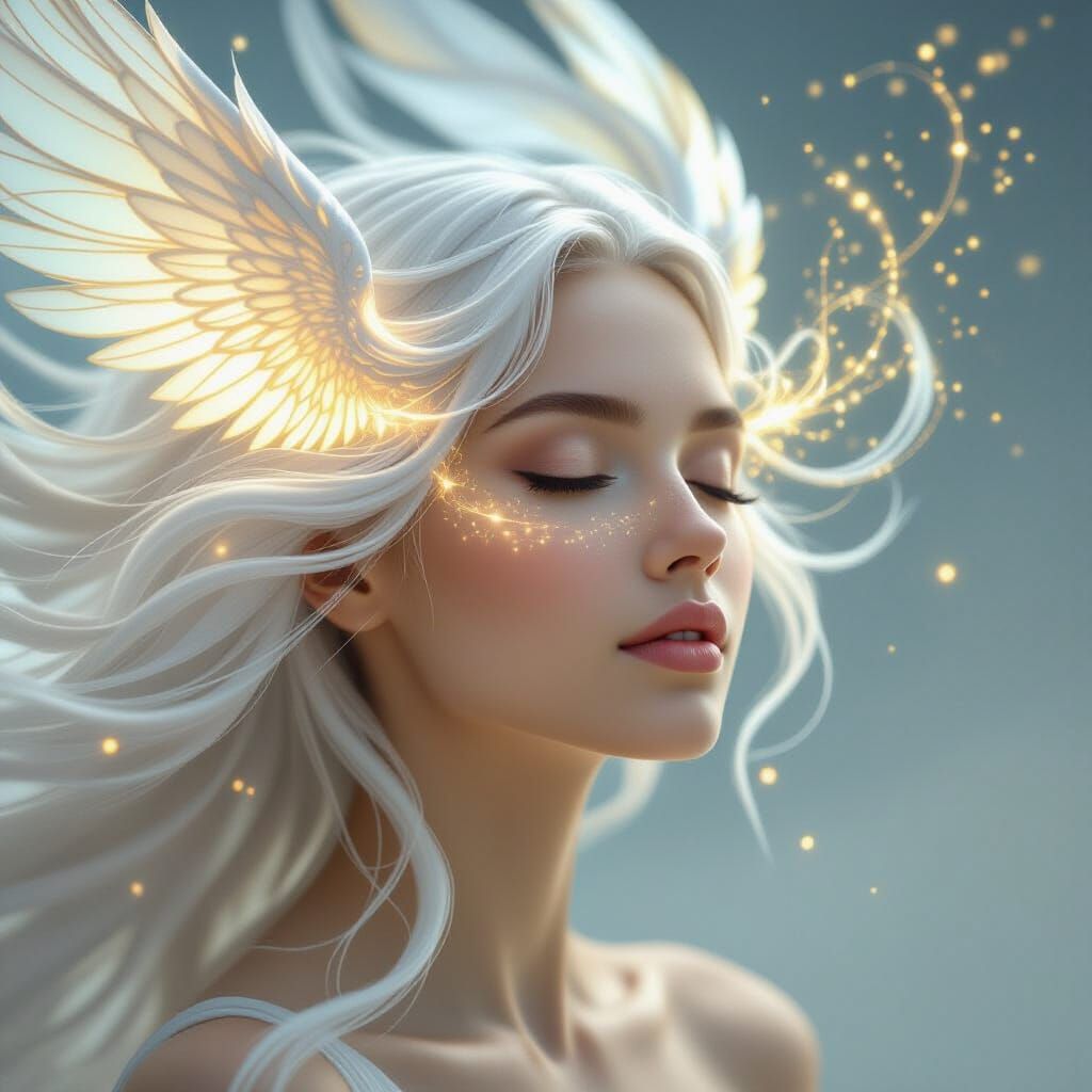 Ethereal Face Dissolving into Wind Wings