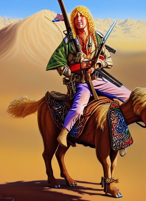 Elf Warrior on Horseback in Desert Oil Painting