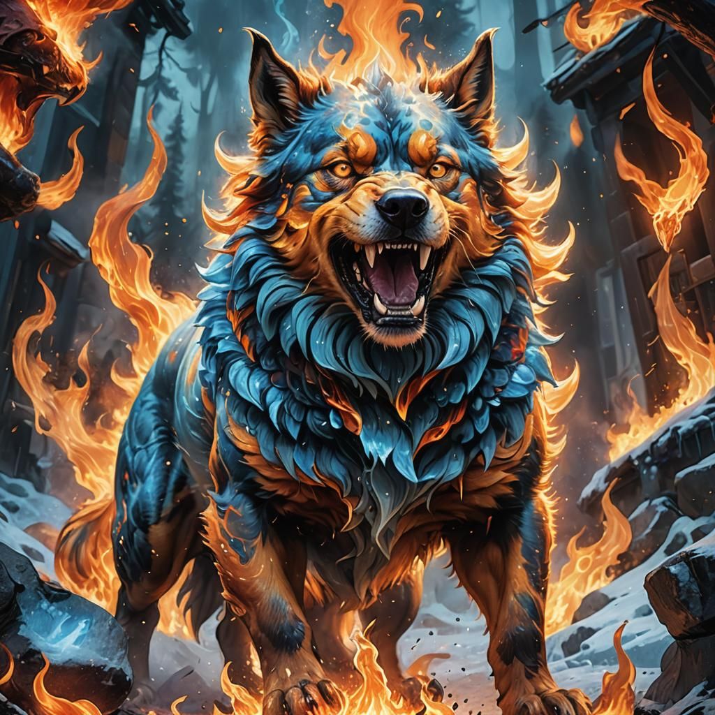Ferocious Fire and Ice Dog: Fantasy Concept Art