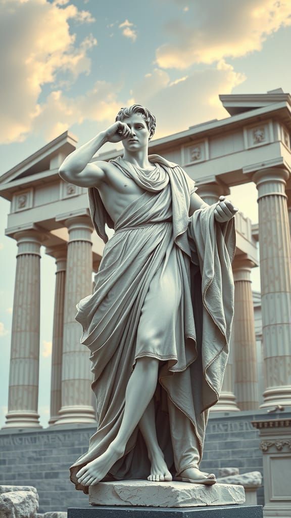 Epic Greek or Roman Marble Statue in a Dramatic Temple Setti...