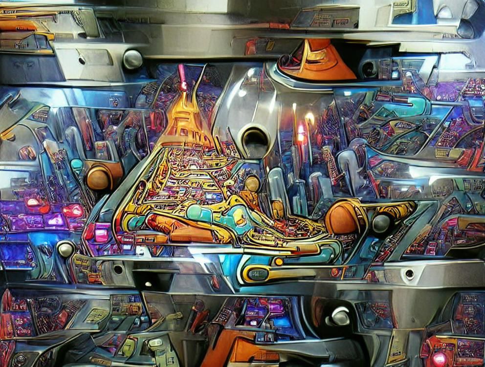 Futuristic Pinball City as Moebius Poster Art