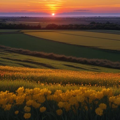 Golden hour sunset over meadowland with flowers.