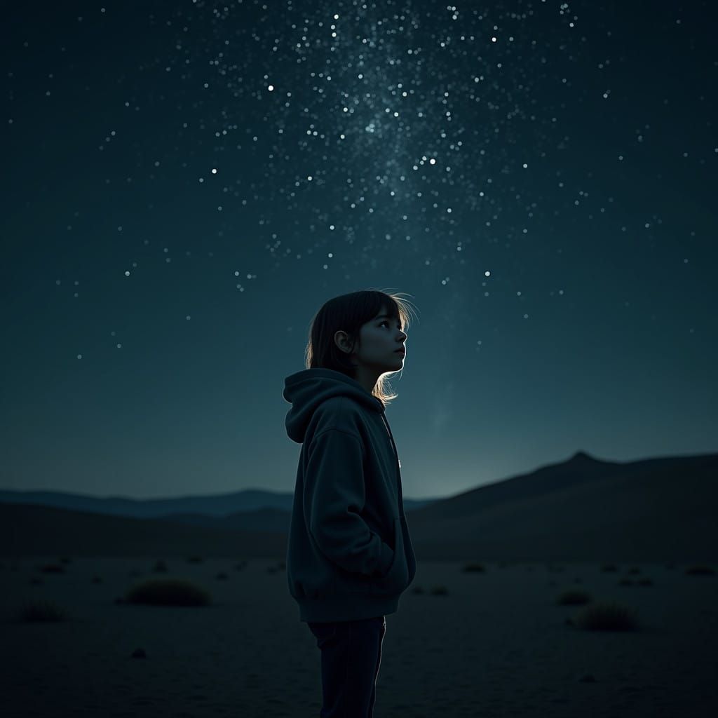 Young Girl Contemplates Under Starry Night Sky