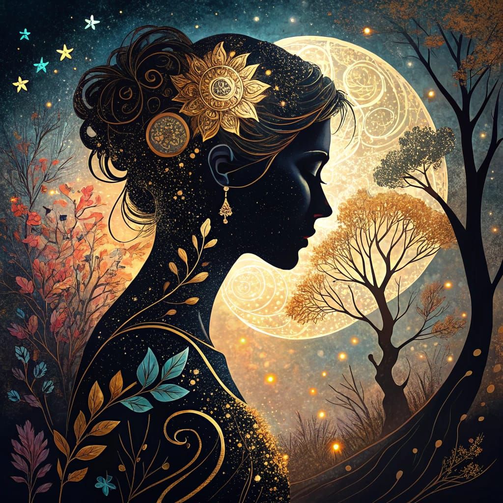 Iridescent Woman Silhouette with Moon, Splash Art Style