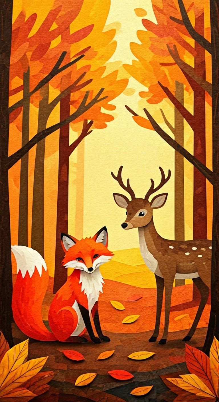 Whimsical Autumn Animals in Paper Collage Style