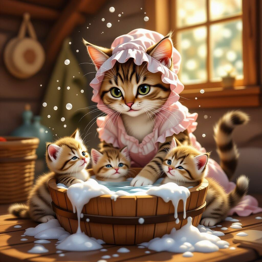 Storybook Cat Family Washing Kittens in Foamy Tub