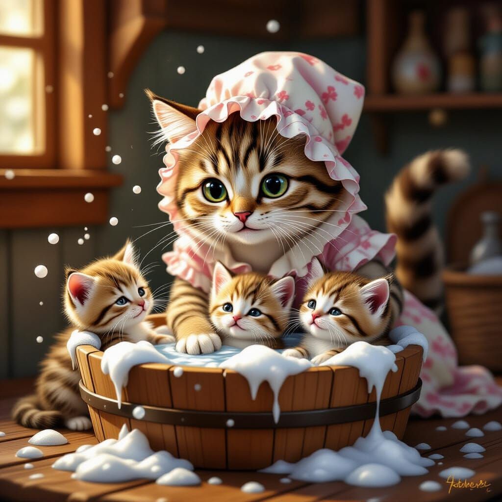 Storybook Cat Family Washing Kittens in Foamy Tub