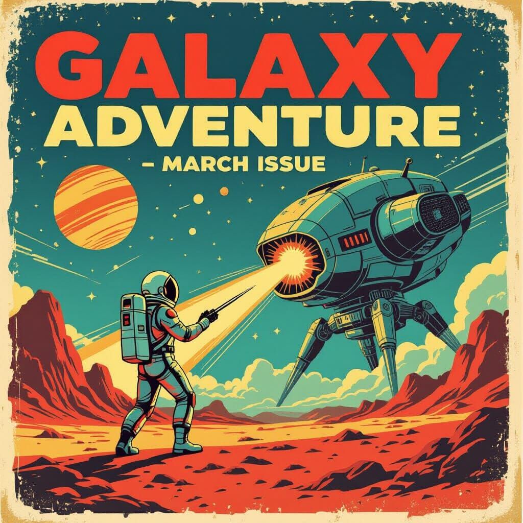 Retro Sci-Fi Magazine Cover with Astronaut and Alien Machine