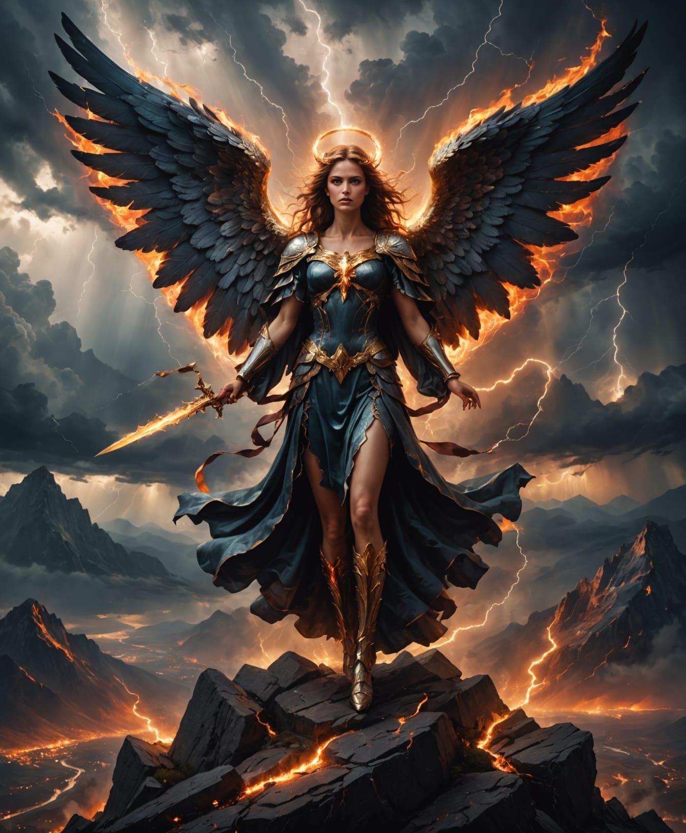 Angel with Fiery Wings in Stormy Landscape Oil Painting