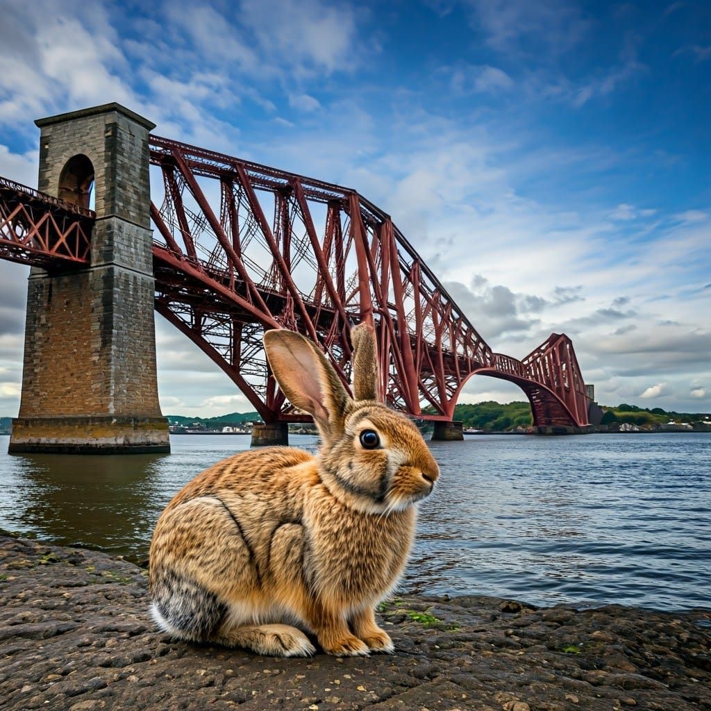 Rabbit Contemplates Scotland's Historic Forth Bridge