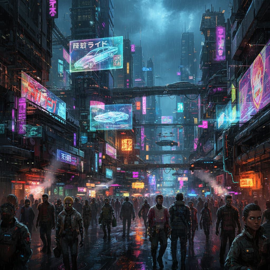 Cyberpunk Cityscape at Night with Neon Lights