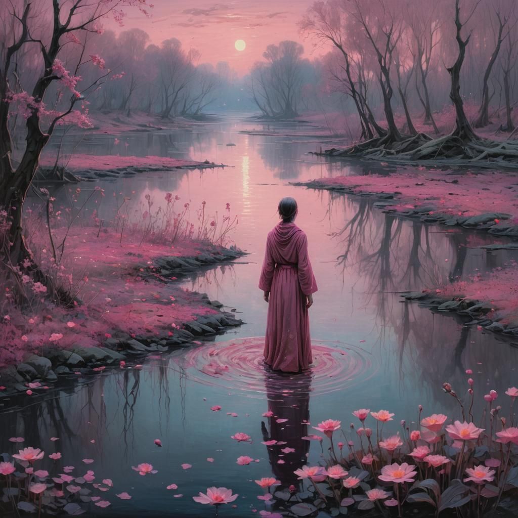 Eerie Hope Figure on the River Styx in Surreal Style