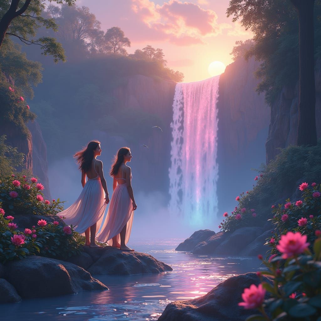 Enchanted Waterfall Scene in Fantasy Concept Art Style