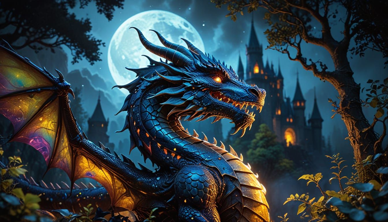 Dragon in Mystical Forest, Art Nouveau Style