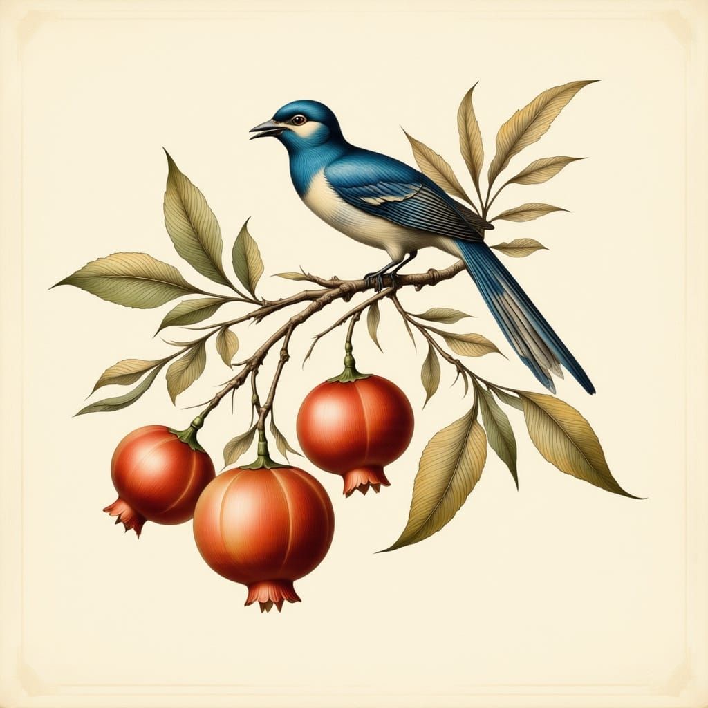 Cerulean Bird Perched on Art Deco Branch with Pomegranates i...