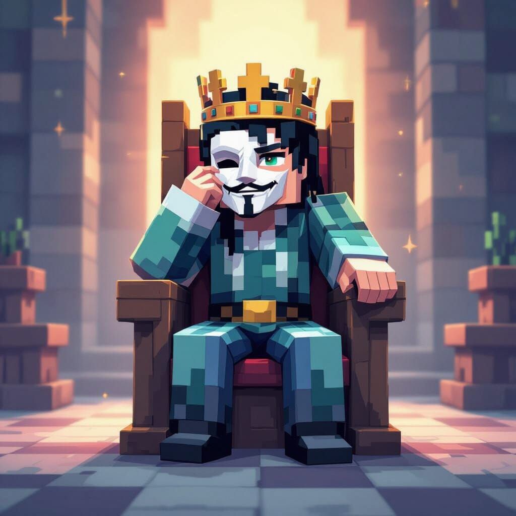 Tired King Avatar on Throne in Minecraft Style