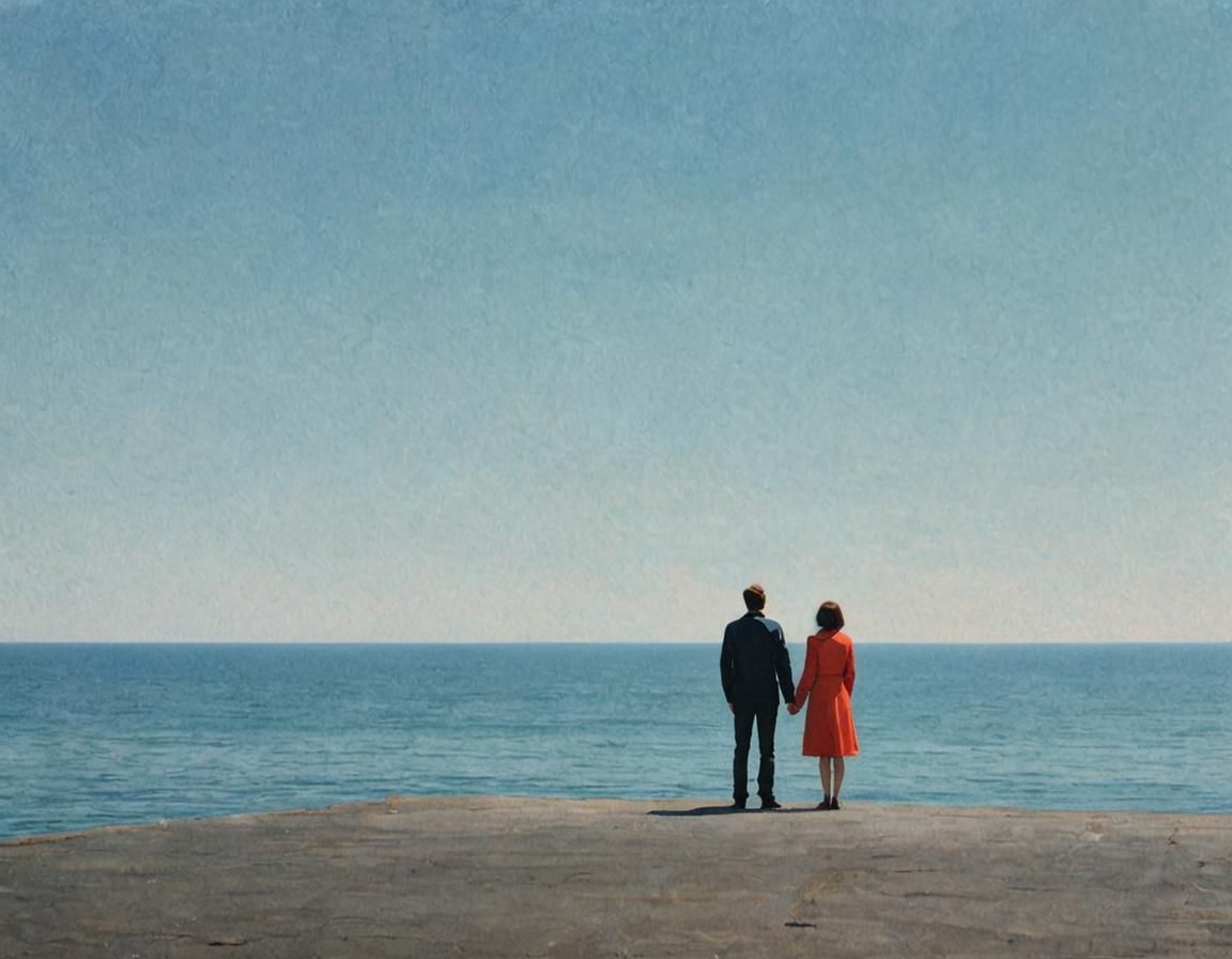 Minimalist Ocean Scene with Man and Woman