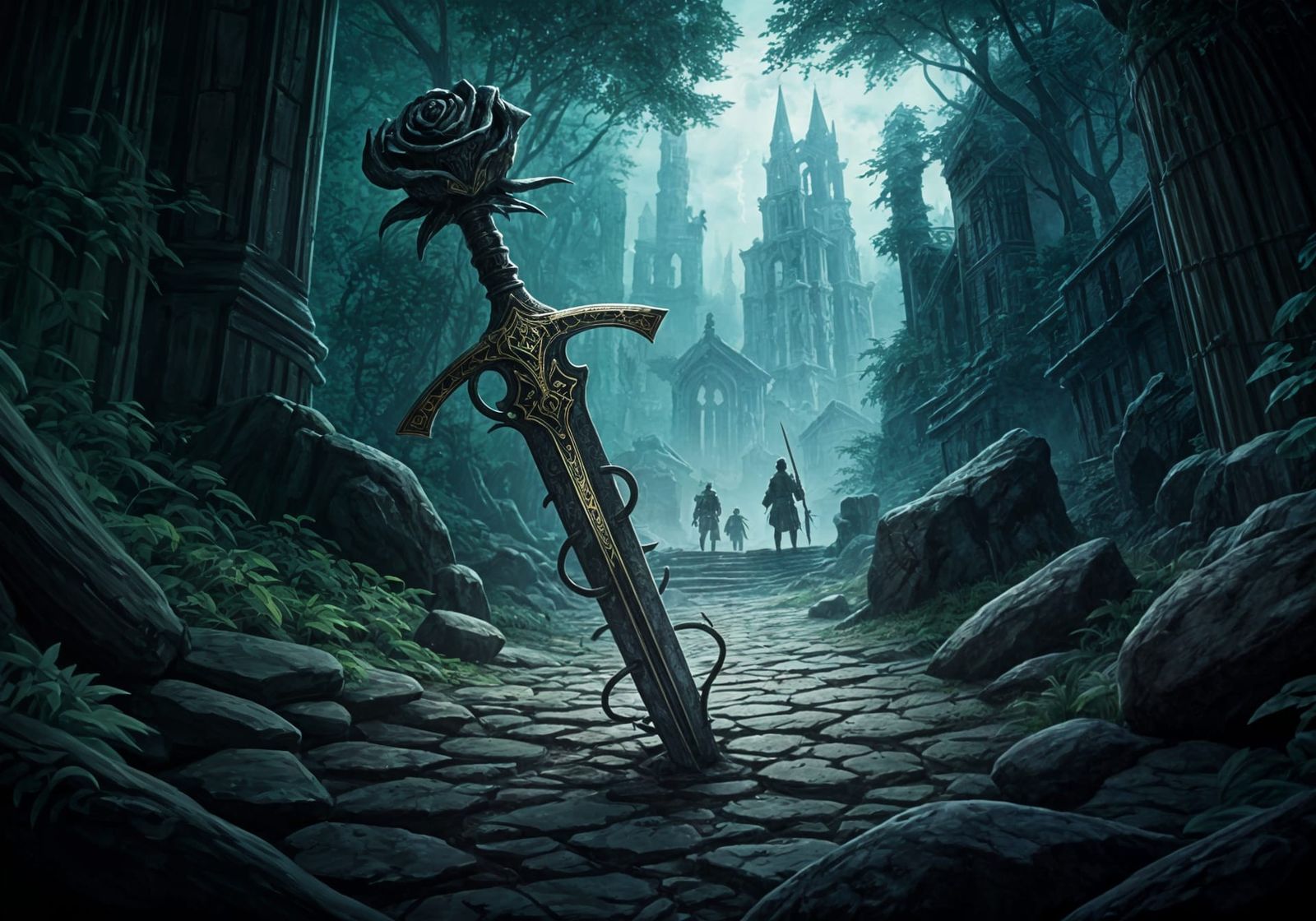 Ornate Sword with Rose in Fantasy Landscape