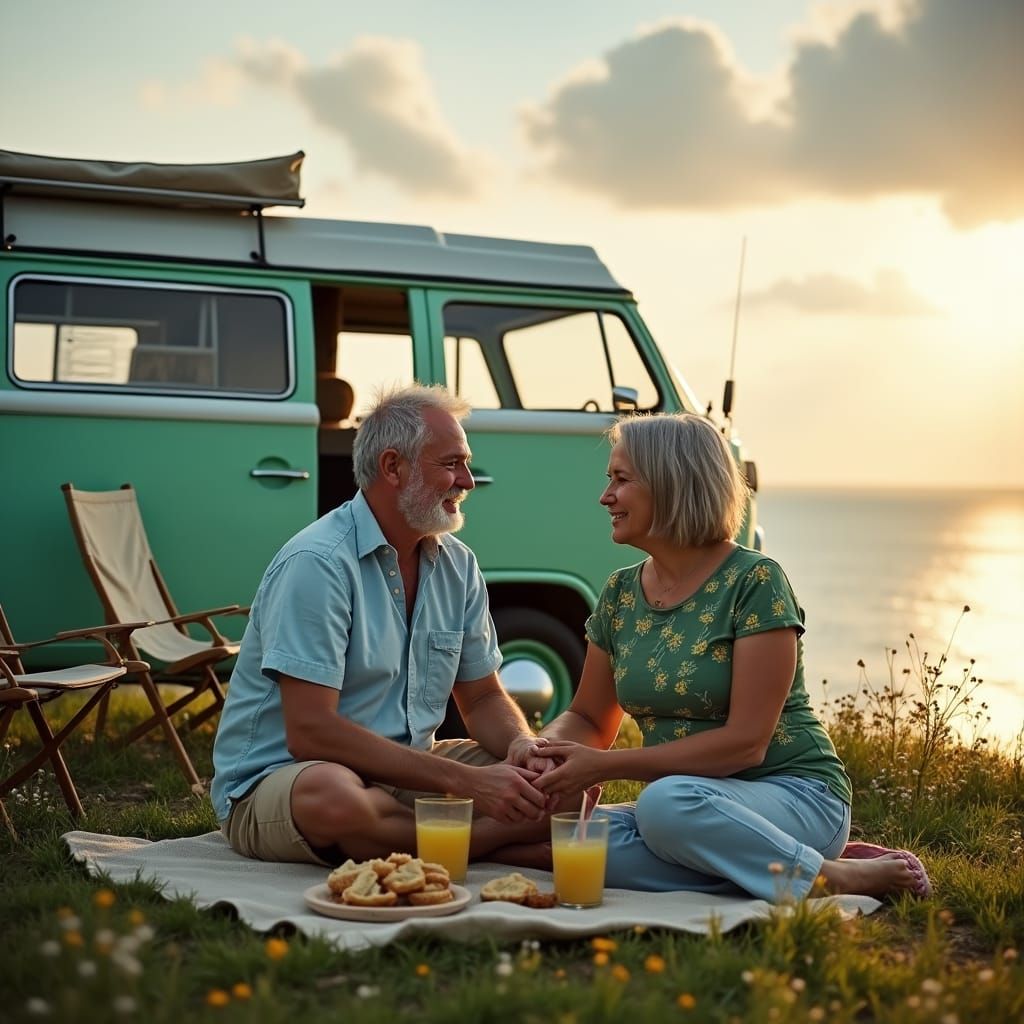Serene Sunset: Older Couple Relaxing by Campervan