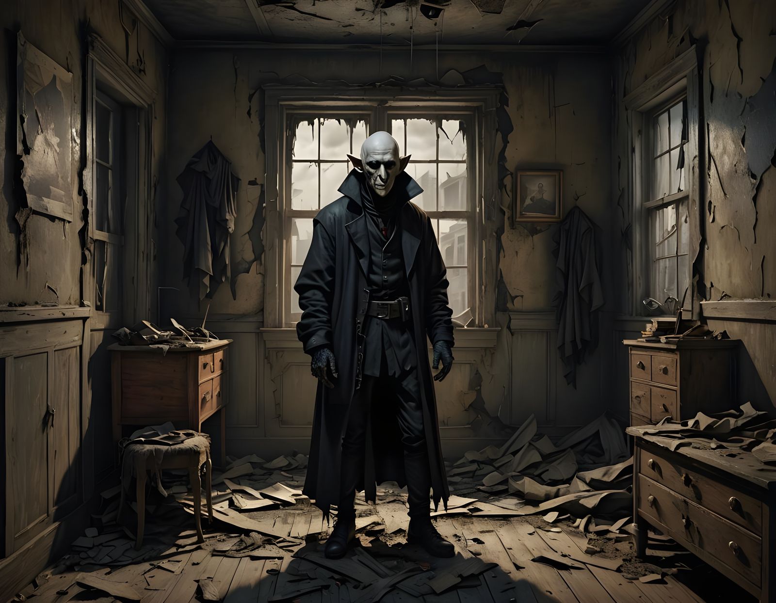 Cyberpunk Vampire Amidst Post-Apocalyptic Ruins