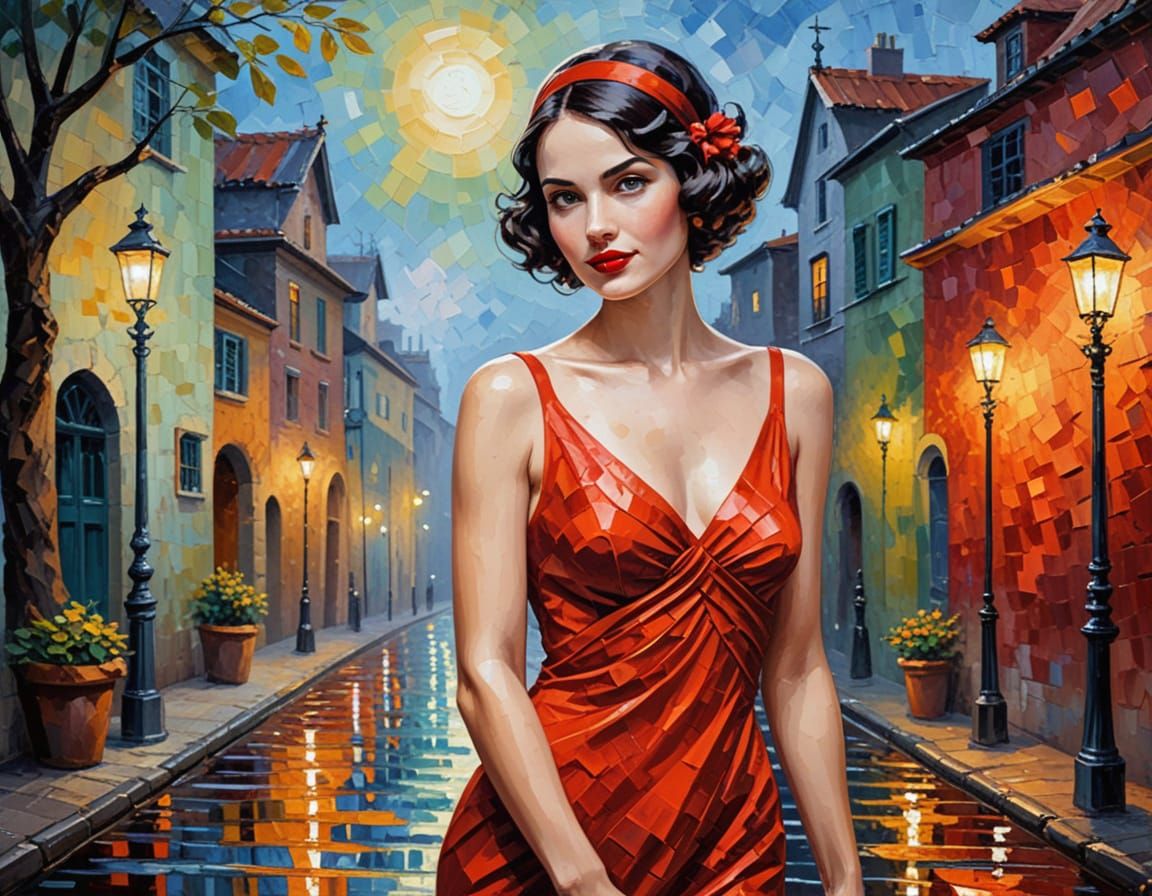 Confident Woman in 1930s Red Dress, Neo-Impressionist Style