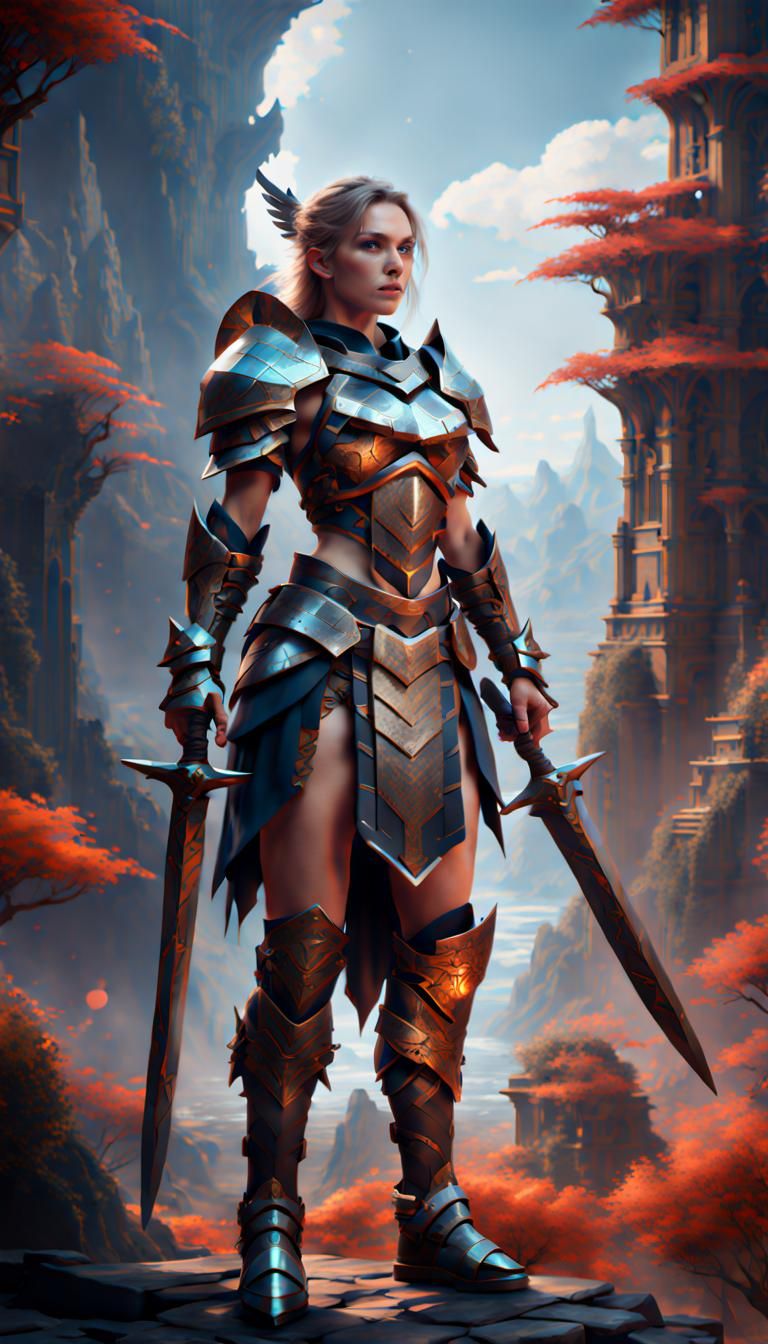 Pixelated Armor Female Warrior in High Fantasy Art