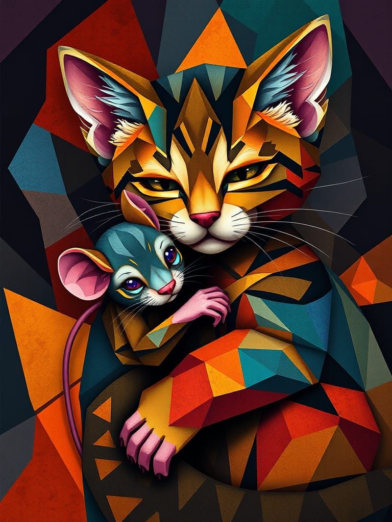 Cubist Kitten Comforts Tearful Mouse in Vibrant, Geometric W...