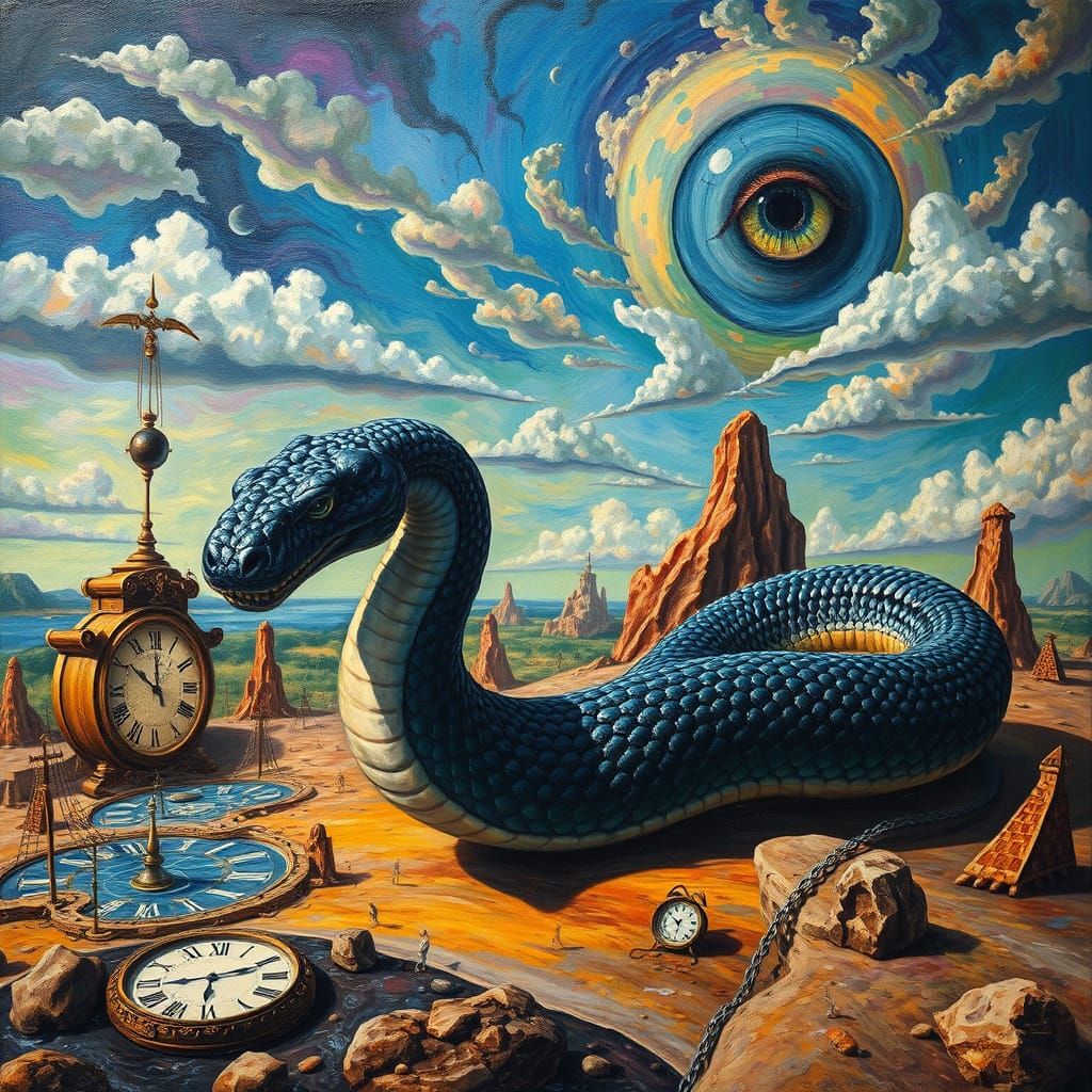Colossal Obsidian Serpent in Surreal Melting Clock Landscape