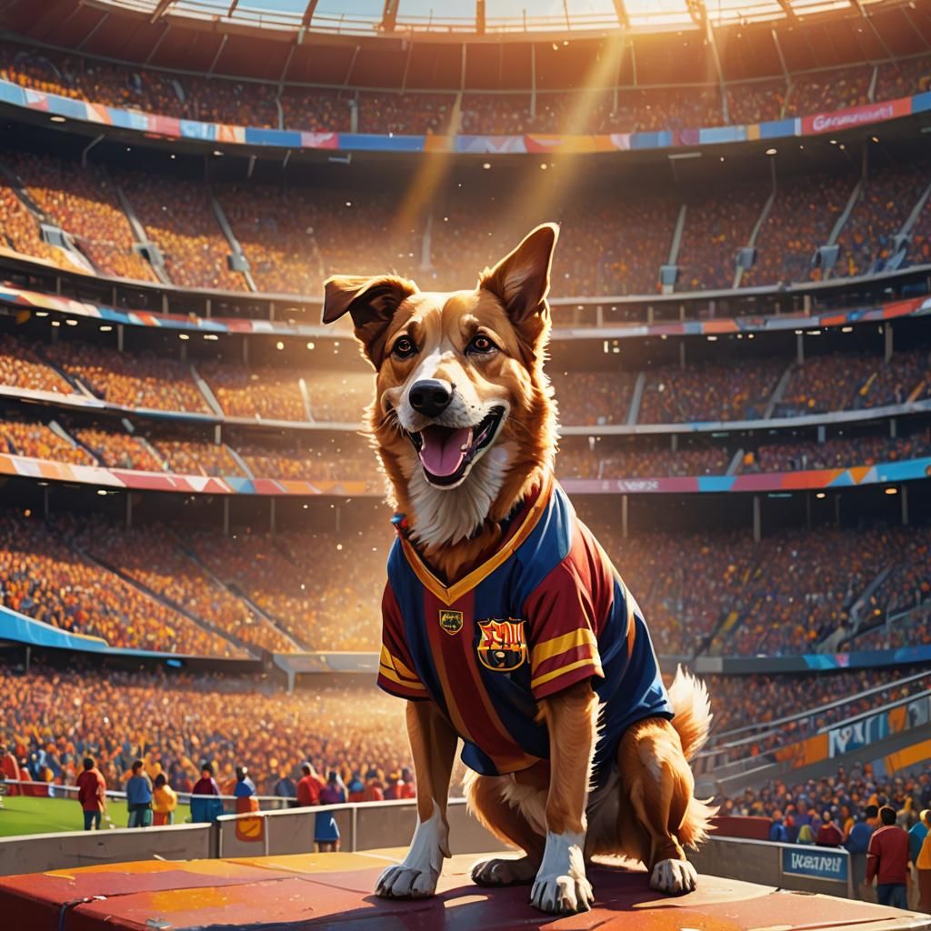 Dog in Barcelona Jersey: Vibrant Oil Painting