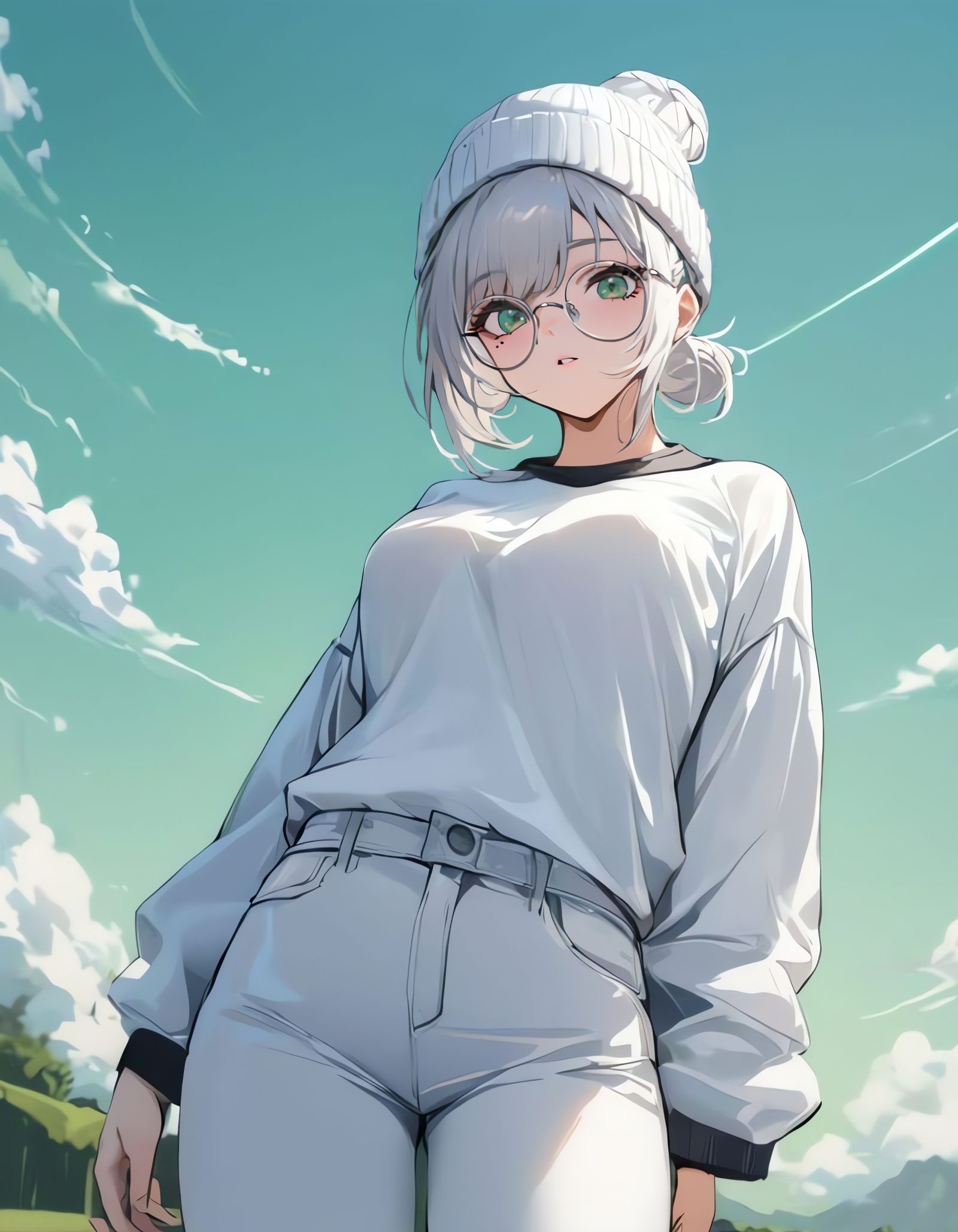 Girl with White Hair and Green Eyes in Absurd Setting