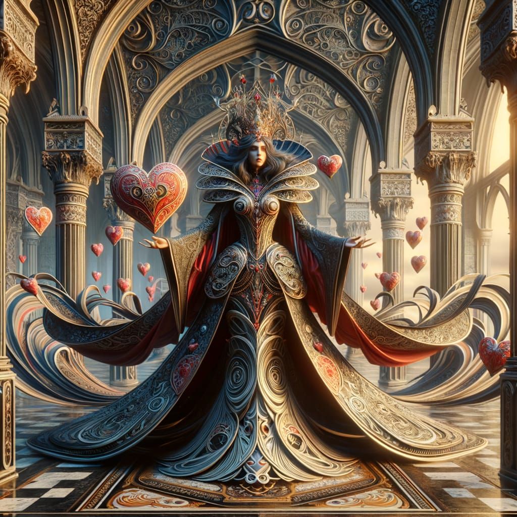 Gothic Surreal Queen of Hearts in Art Nouveau Style