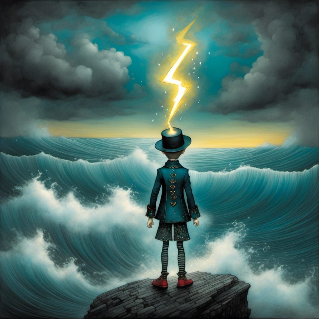 Boy with Lightning Bolt on Stormy Seashore