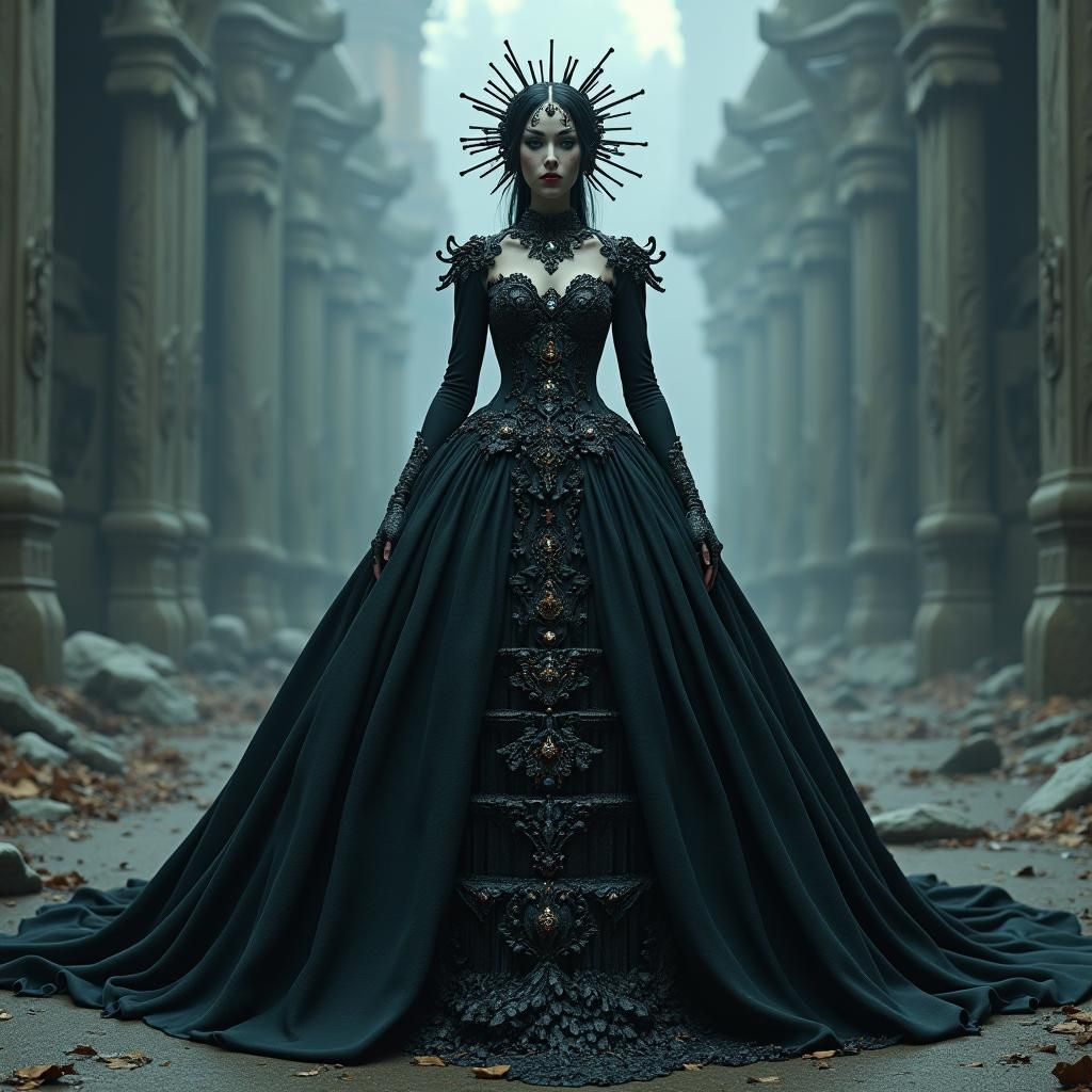 Mystical Black Gown in Eerie Landscape