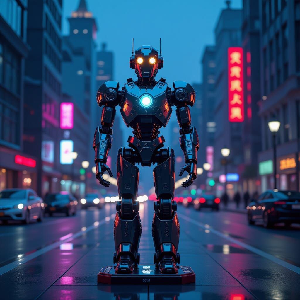 Art Deco Automaton in Futuristic Cityscape at Twilight