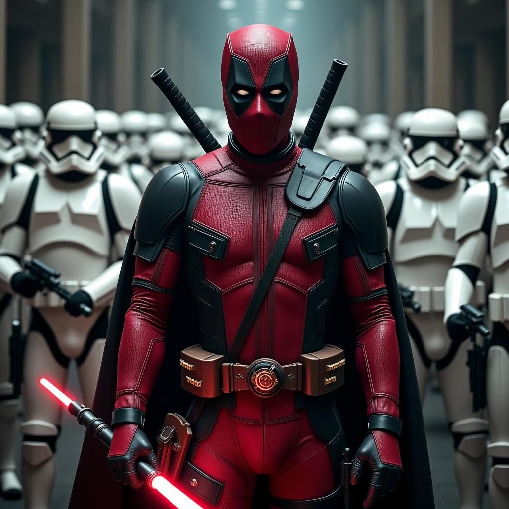 Deadpool as Darth Vader Leading Stormtroopers
