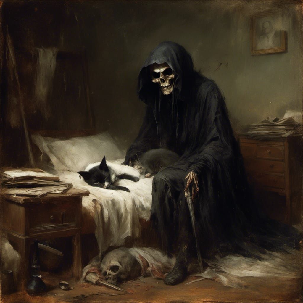 Cat Grim Reaper Napping with Human Grim Reaper