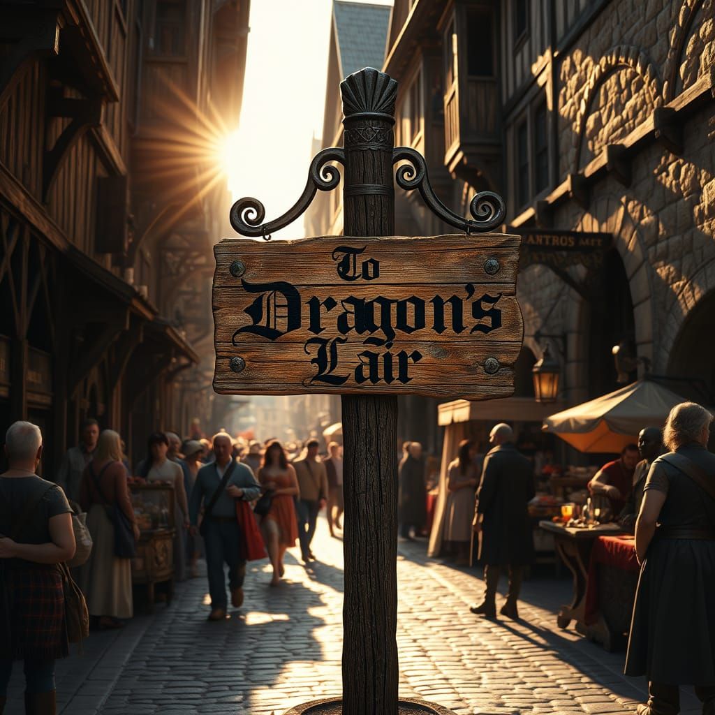 Weathered Signpost in Bustling Medieval Marketplace