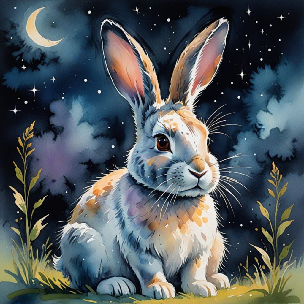 Contemplative Fuzzy Bunny in Starry Night Sky